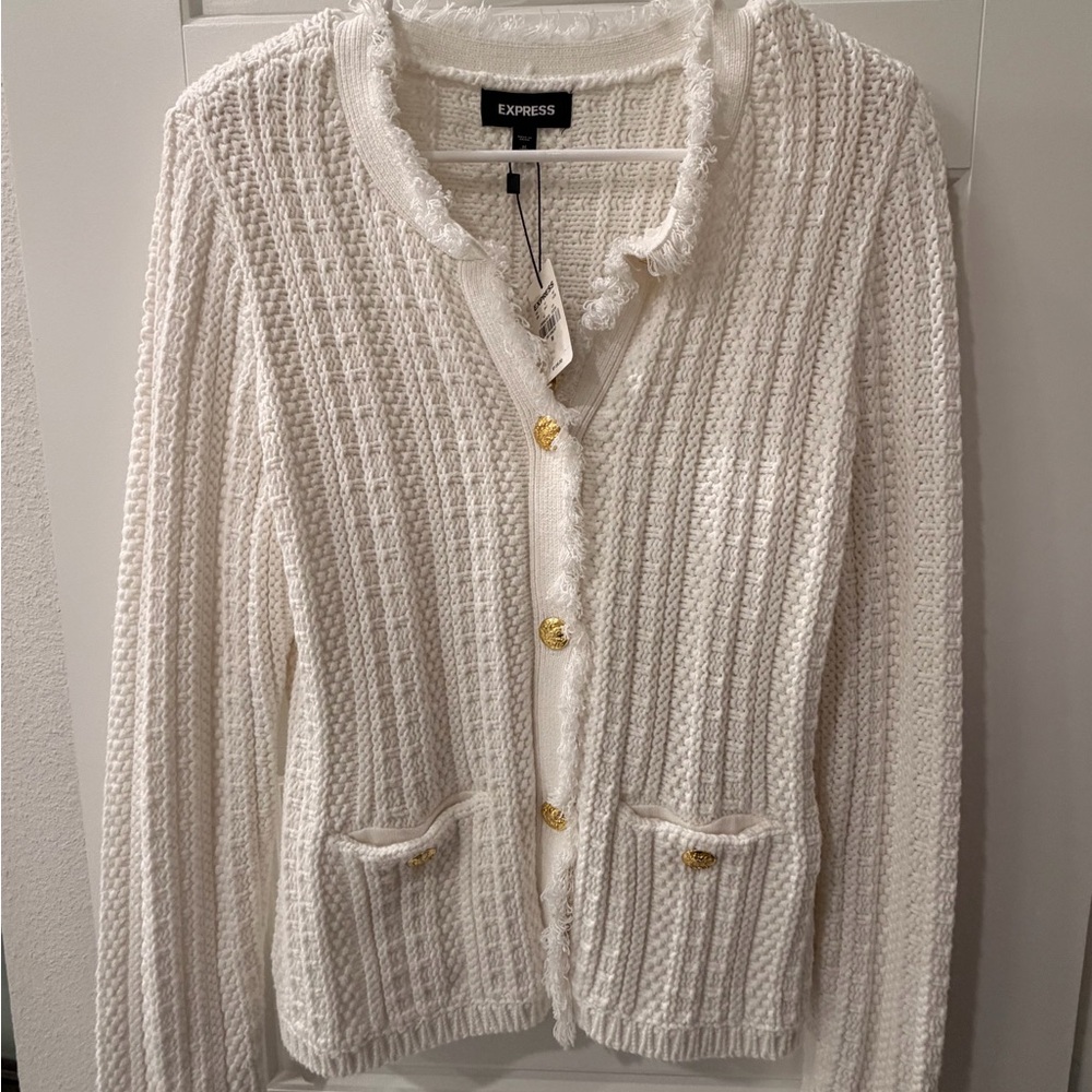 Express Women's Cream Cardigan with Gold Accents